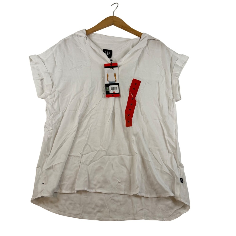 GAP Womens White Short‎ Sleeve V-Neck Notched Collar Blouse Medium New
